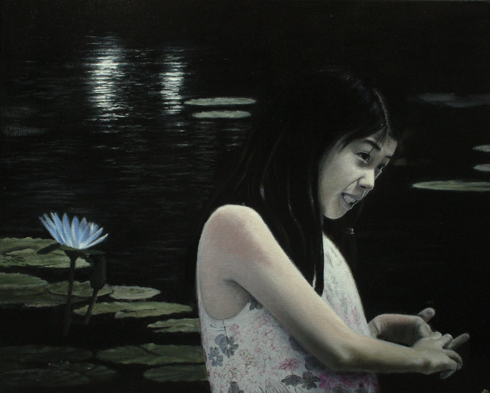 La chinoise aux nénuphars, peinture à l’huile par Daniel Pineau